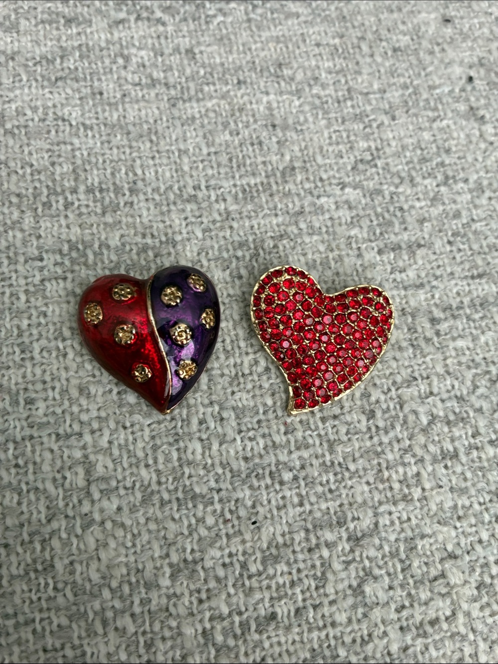 Heart Brooches Pair- Red & Purple Crystal Accent